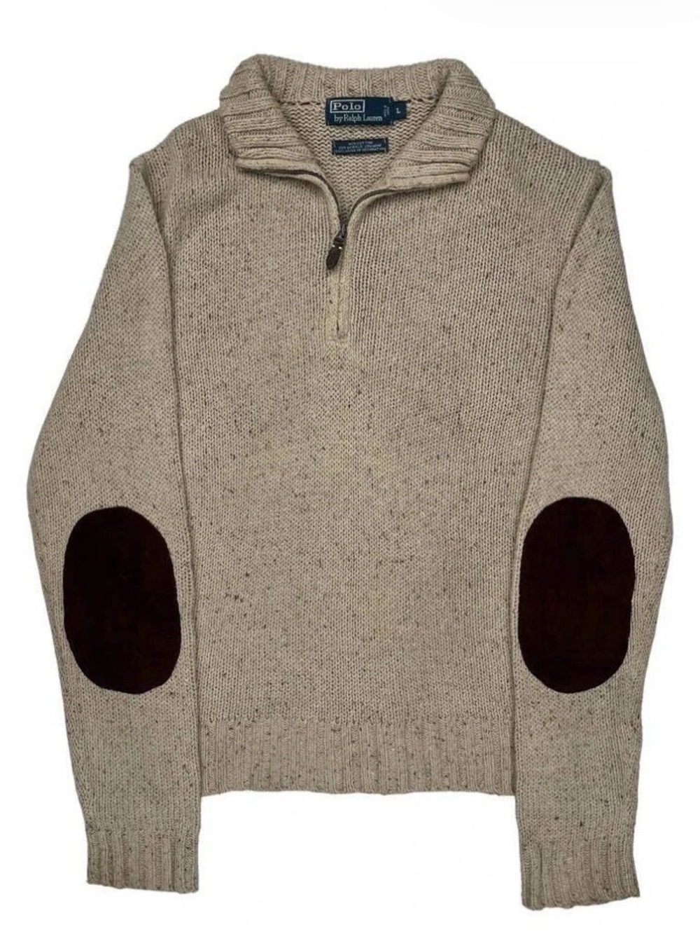 Polo Ralph Lauren 1/4 Zip Sweater XXL BeigeCotton Elbow Patches Vintage Preppy